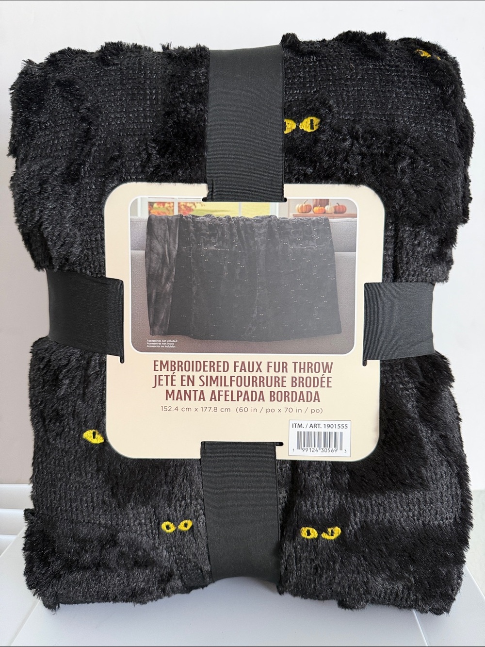Embroidery Faux Fur Throw Black Cat with yellow Eyes Size 60”x70” New